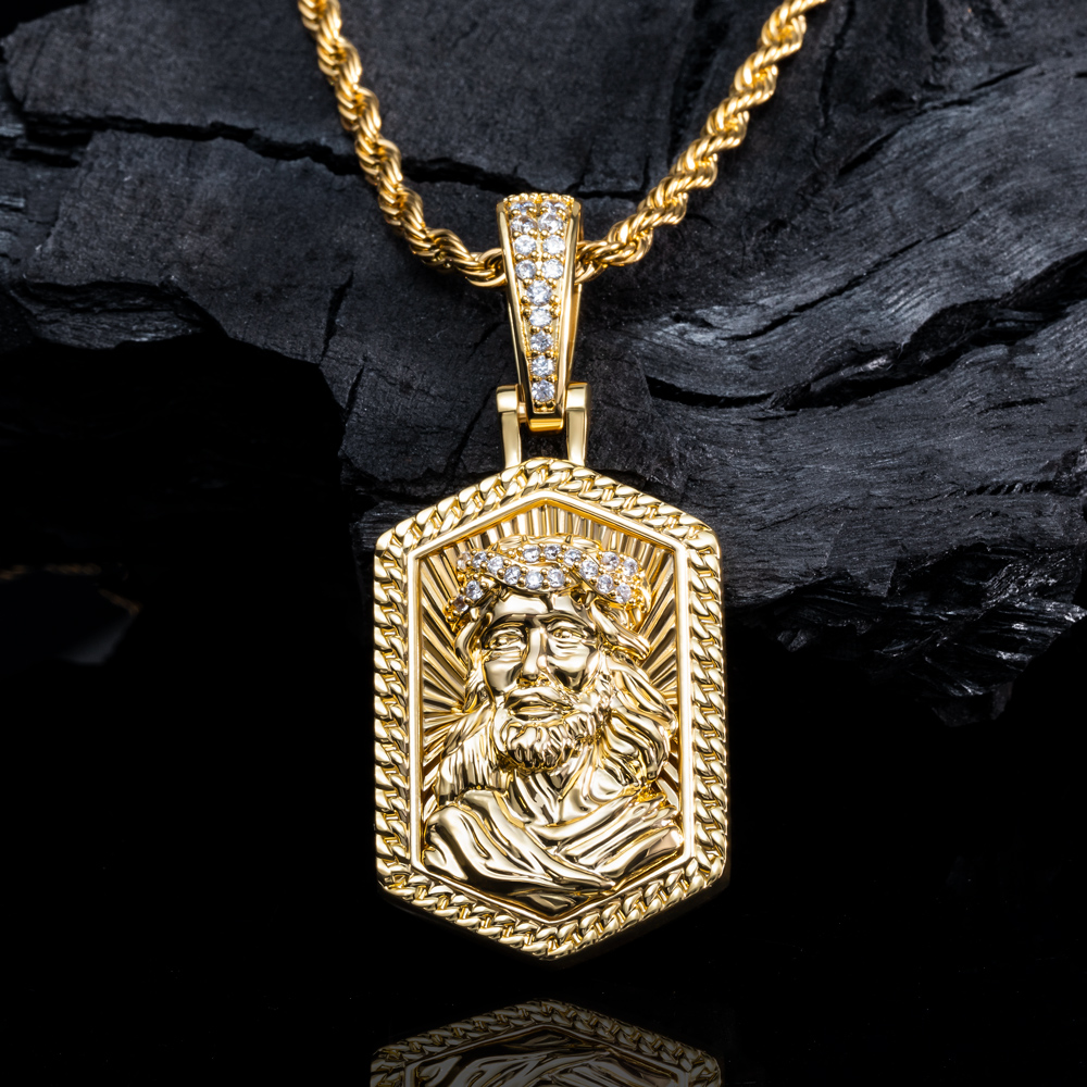 Iced Out Jesus Head Dog Tag Pendant Gold With Street Luxury Shine
