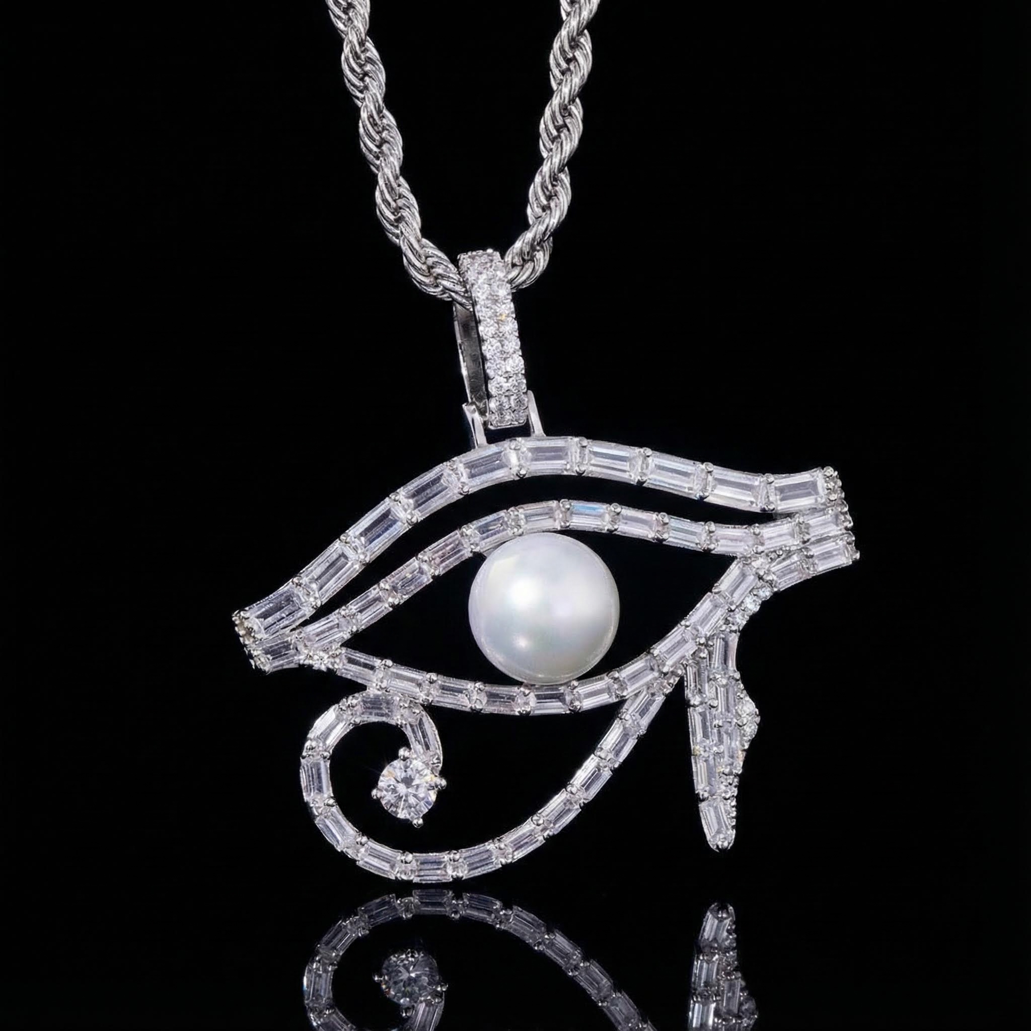 Micro Paved Baguette Pearl Egyptian Eye Of Horus Pendant Gold - Image 3
