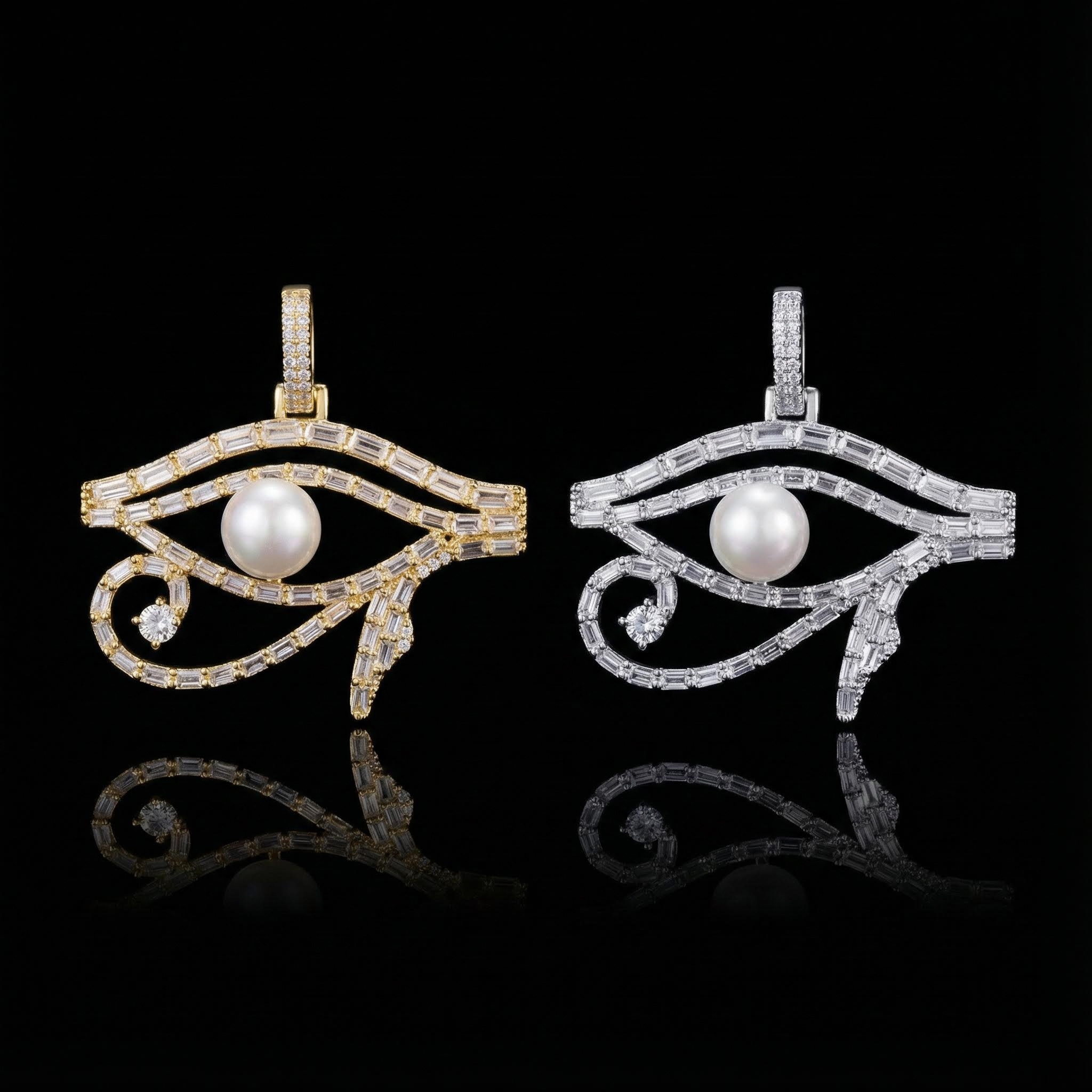 Micro Paved Baguette Pearl Egyptian Eye Of Horus Pendant Gold - Image 4