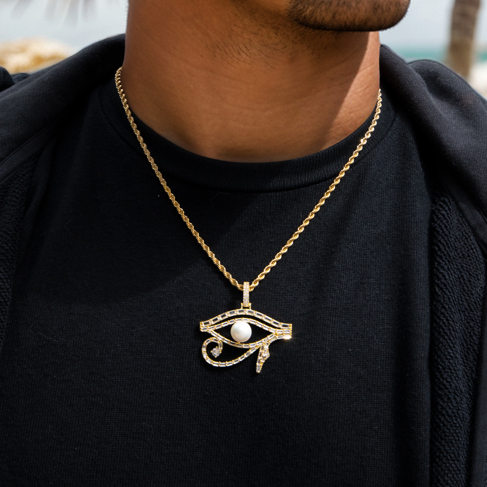 Micro Paved Baguette Pearl Egyptian Eye Of Horus Pendant Gold - Image 5