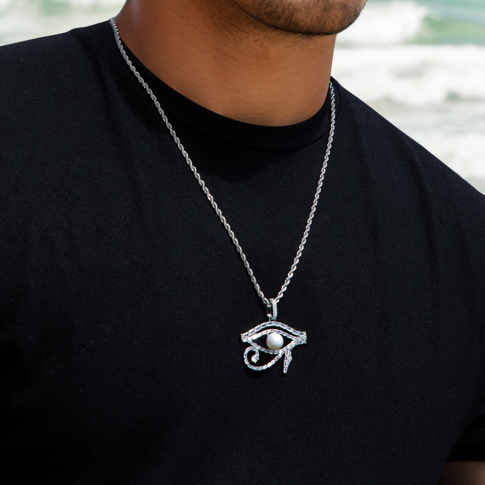 Micro Paved Baguette Pearl Egyptian Eye Of Horus Pendant Gold - Image 6