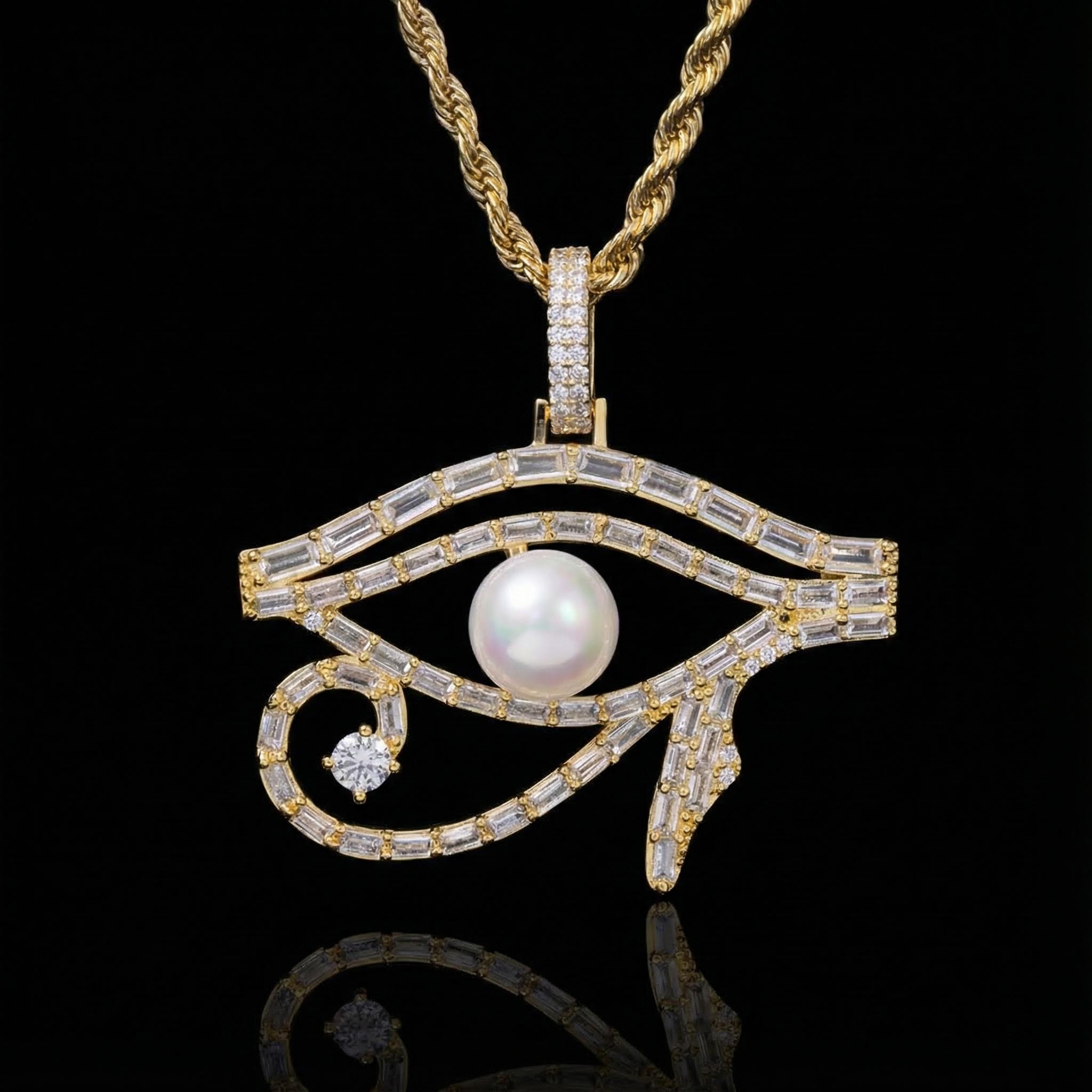 Micro Paved Baguette Pearl Egyptian Eye Of Horus Pendant Gold