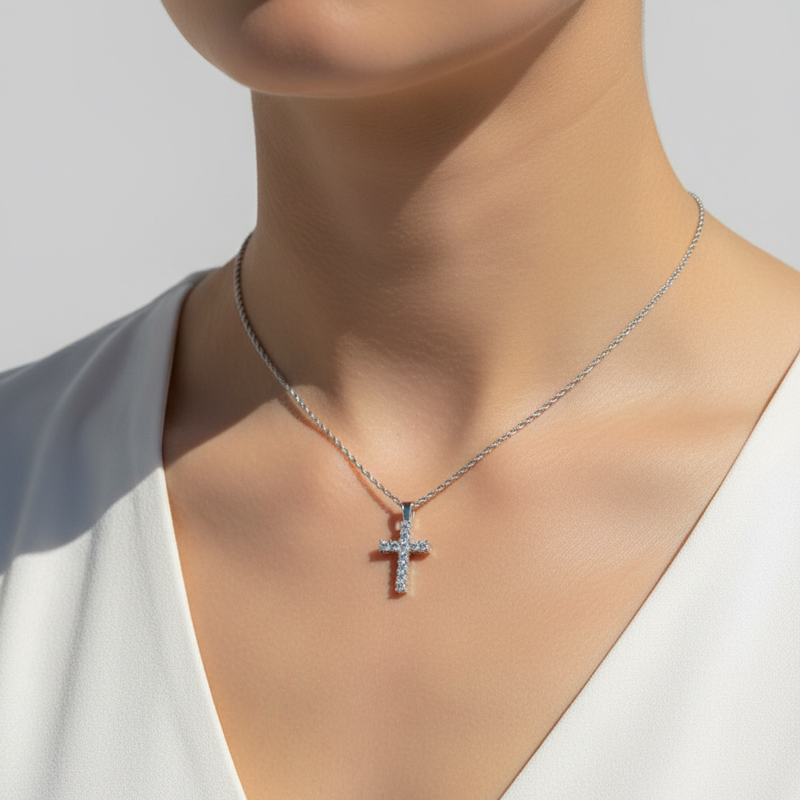 Round Cut Diamonds Cross Pendant In White Gold With Street Luxury Shine - Image 3