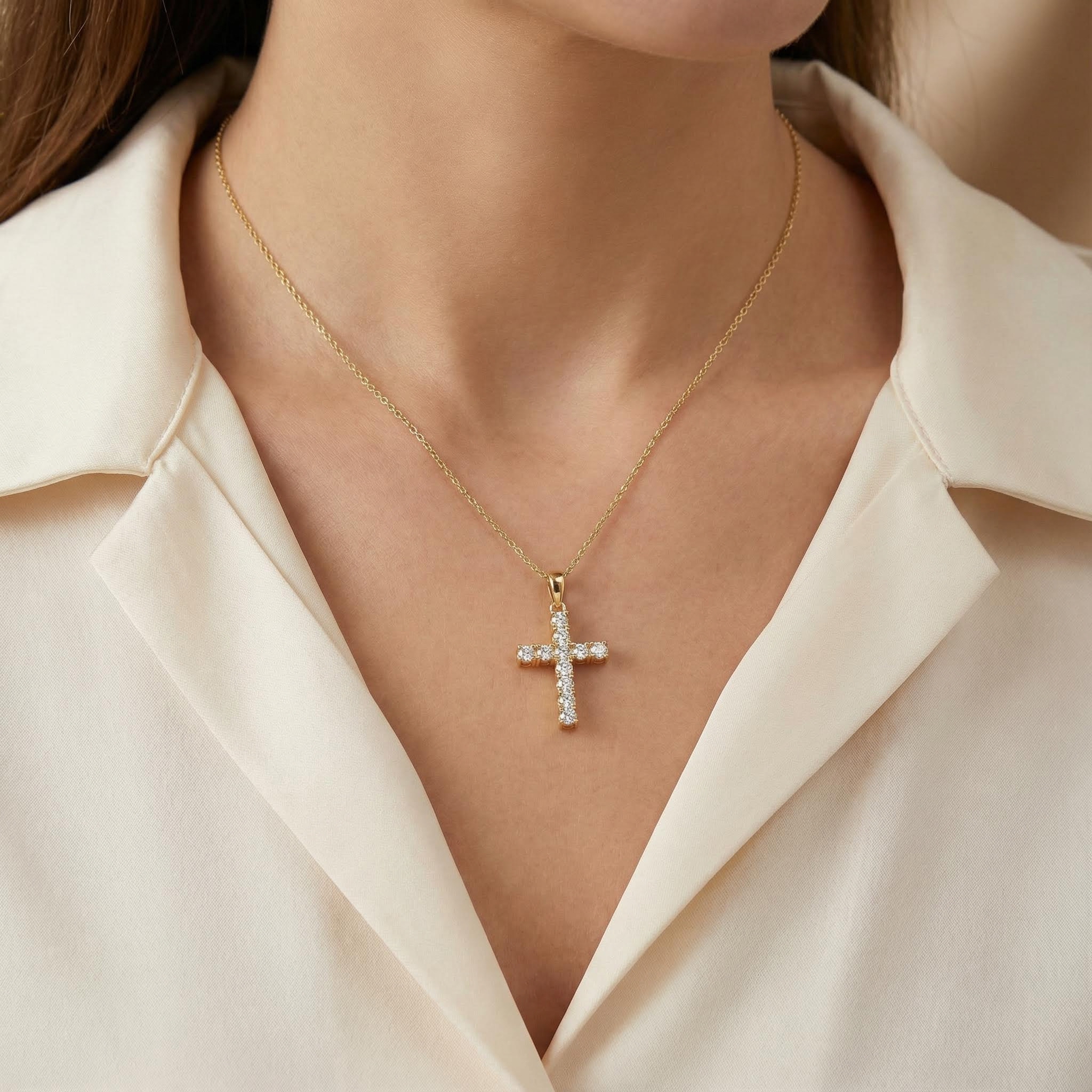Round Cut Diamonds Cross Pendant In Gold With Street Luxury Shine - Image 8