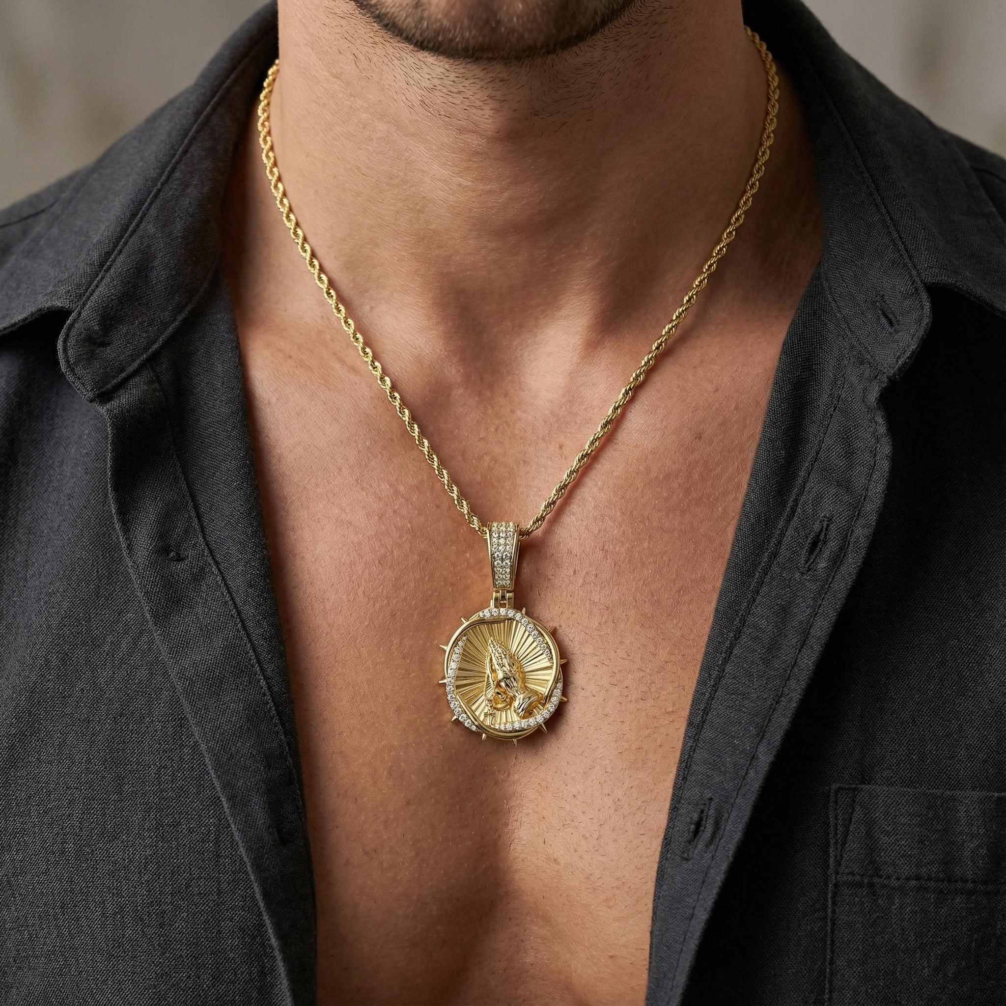 Iced Out Thorns Praying Hands Pendant Gold With Street Luxury Shine - Image 5