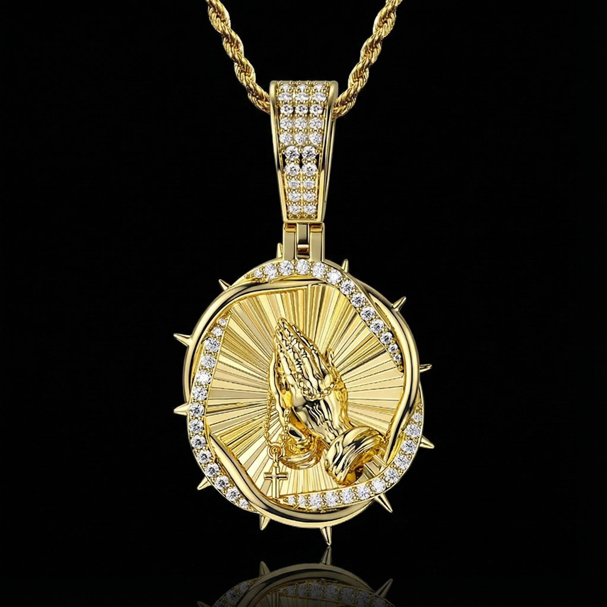 Iced Out Thorns Praying Hands Pendant Gold With Street Luxury Shine