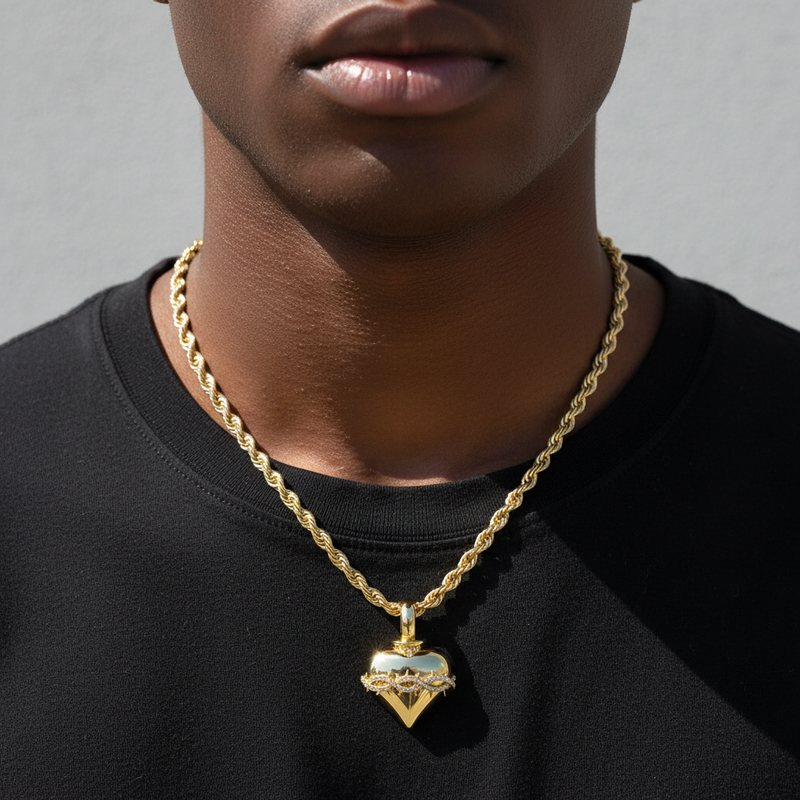 Iced Out Heart Thorns Urn Pendant In Gold With Street Luxury Shine - Image 3