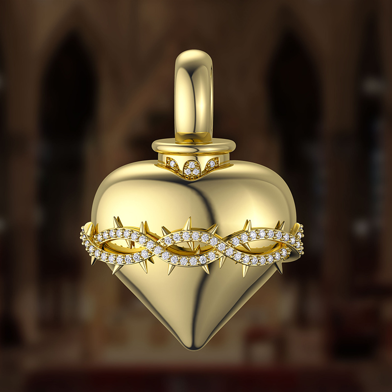 Iced Out Heart Thorns Urn Pendant In Gold With Street Luxury Shine - Image 4