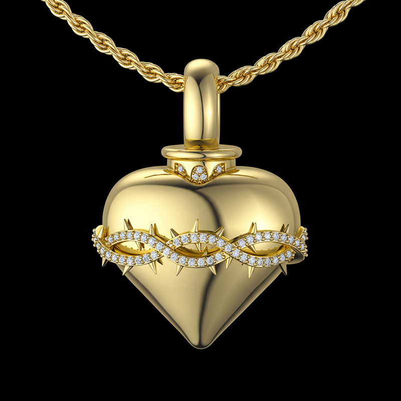 Iced Out Heart Thorns Urn Pendant In Gold With Street Luxury Shine - Image 5