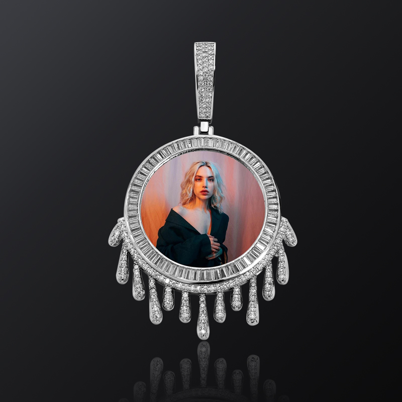Iced Out Custom Water Drops Photo Pendant In Silver Gold