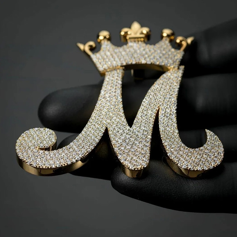 Iced Out Crown A-z Capital Letter Pendant In Gold With Street Luxury Shine - Image 3
