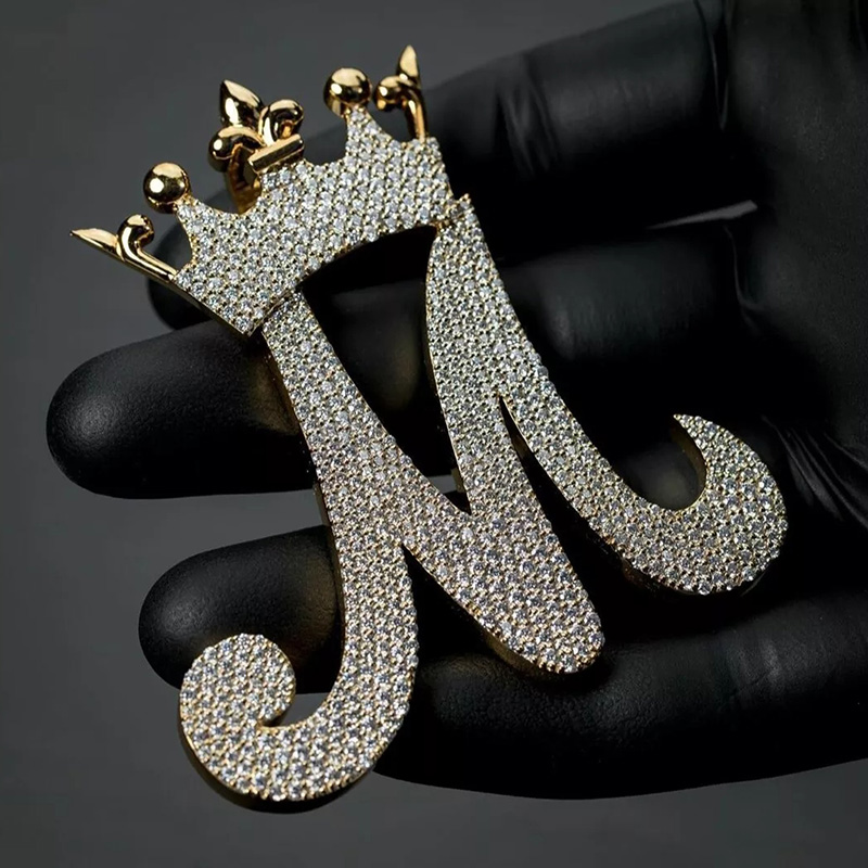 Iced Out Crown A-z Capital Letter Pendant In Gold With Street Luxury Shine
