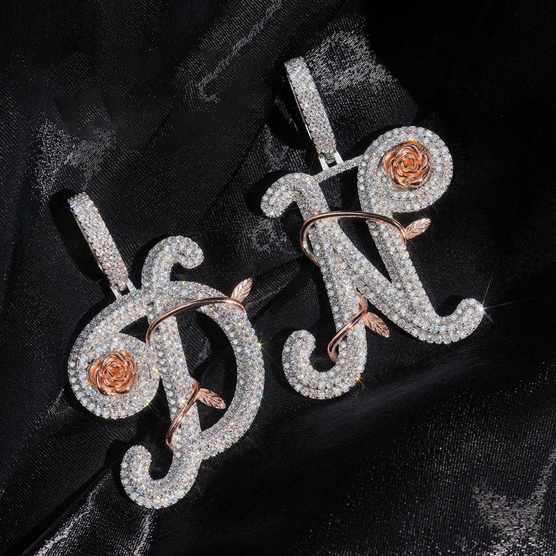 Iced Out Rose Branches Initial Letter Pendant Gold With Street Luxury Shine