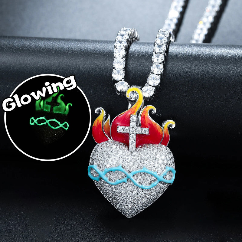 Iced Out Glowing Flame Heart Pendant Gold With Street Luxury Shine