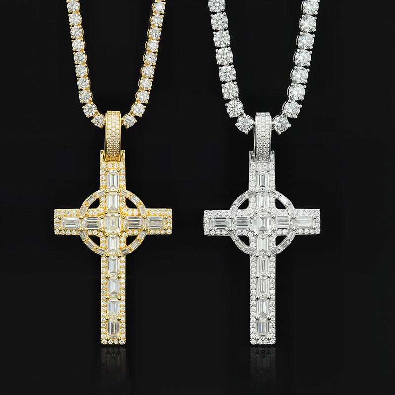 Iced Out Baguette Cut Celtic Cross Pendant Gold With Street Luxury Shine - Image 3