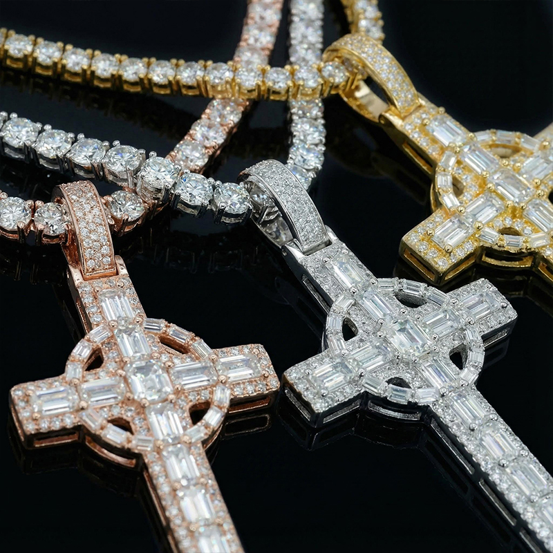 Iced Out Baguette Cut Celtic Cross Pendant Gold With Street Luxury Shine - Image 4