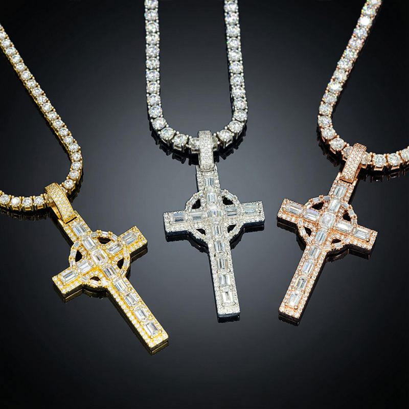 Iced Out Baguette Cut Celtic Cross Pendant Gold With Street Luxury Shine - Image 6