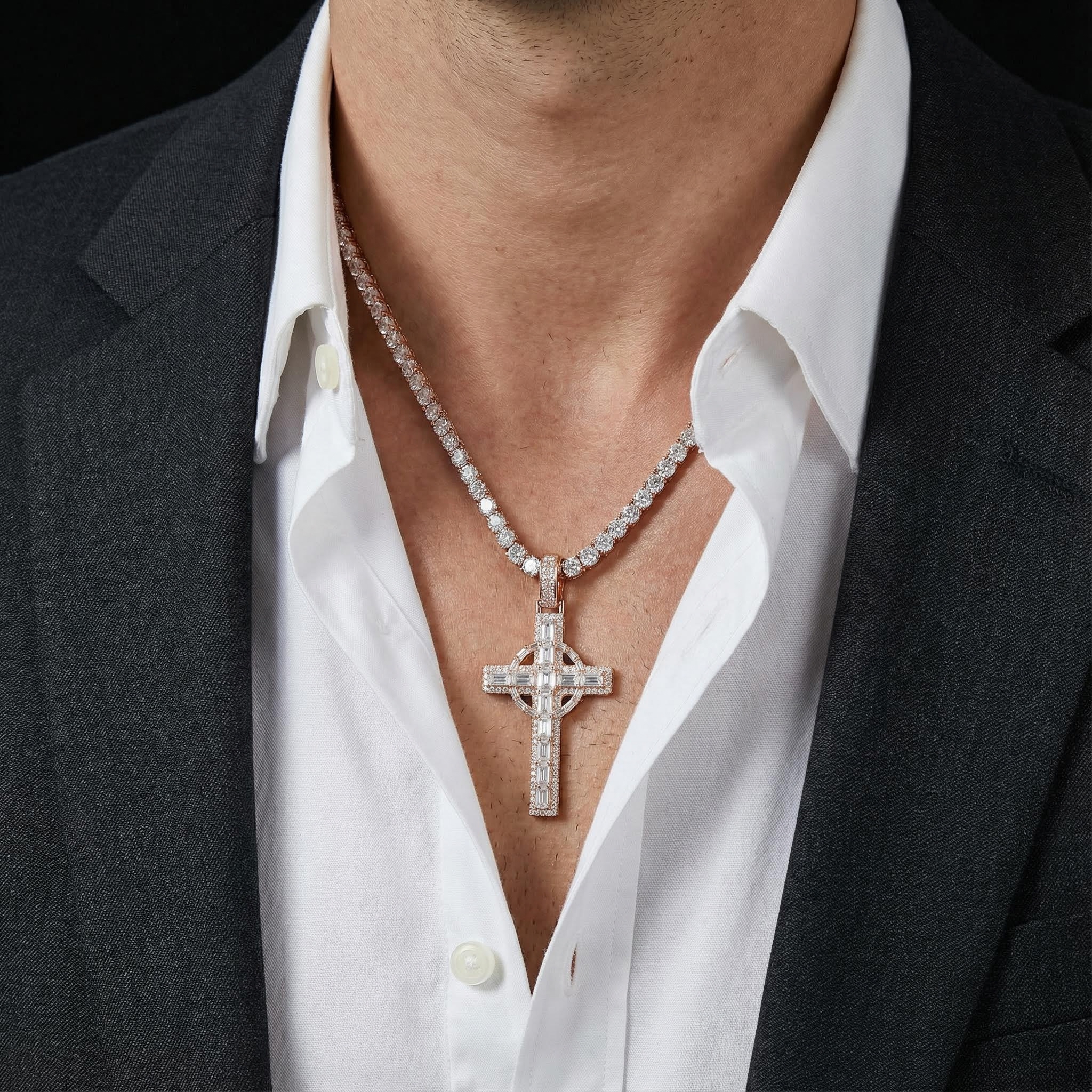 Iced Out Baguette Cut Celtic Cross Pendant Gold With Street Luxury Shine - Image 8