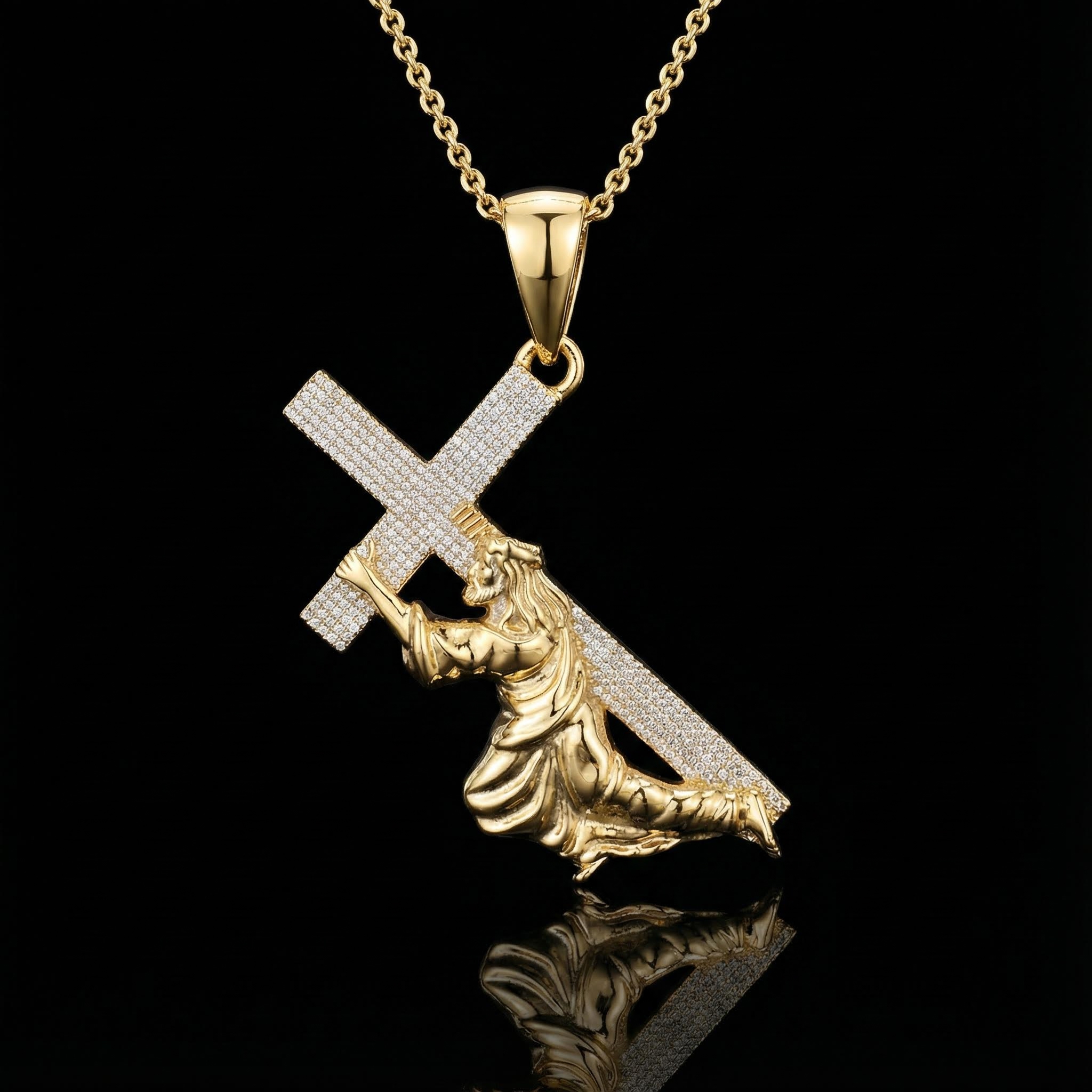 Iced Out Jesus Carrying Cross Surmount Adversity Pendant Gold - Image 4