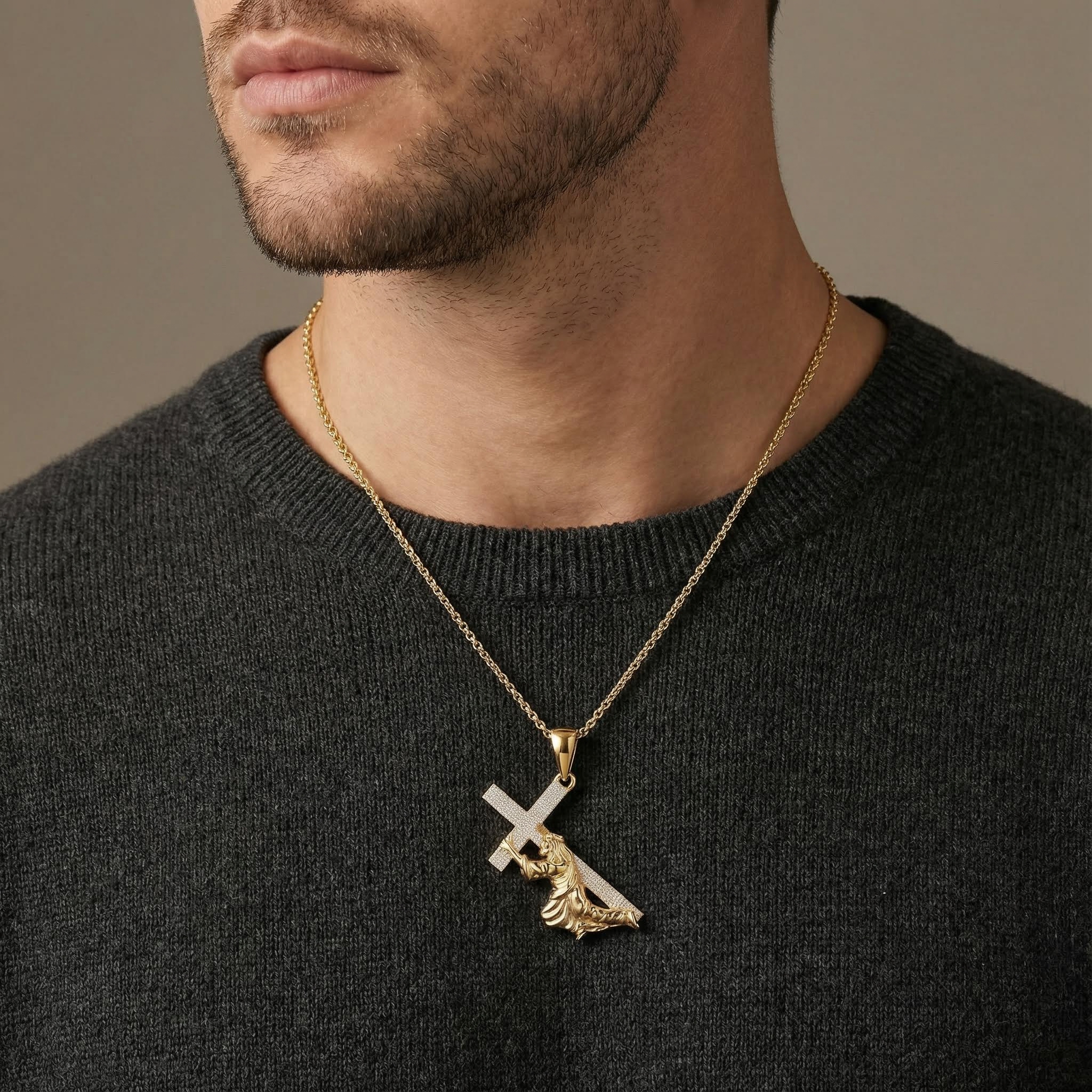 Iced Out Jesus Carrying Cross Surmount Adversity Pendant Gold - Image 6