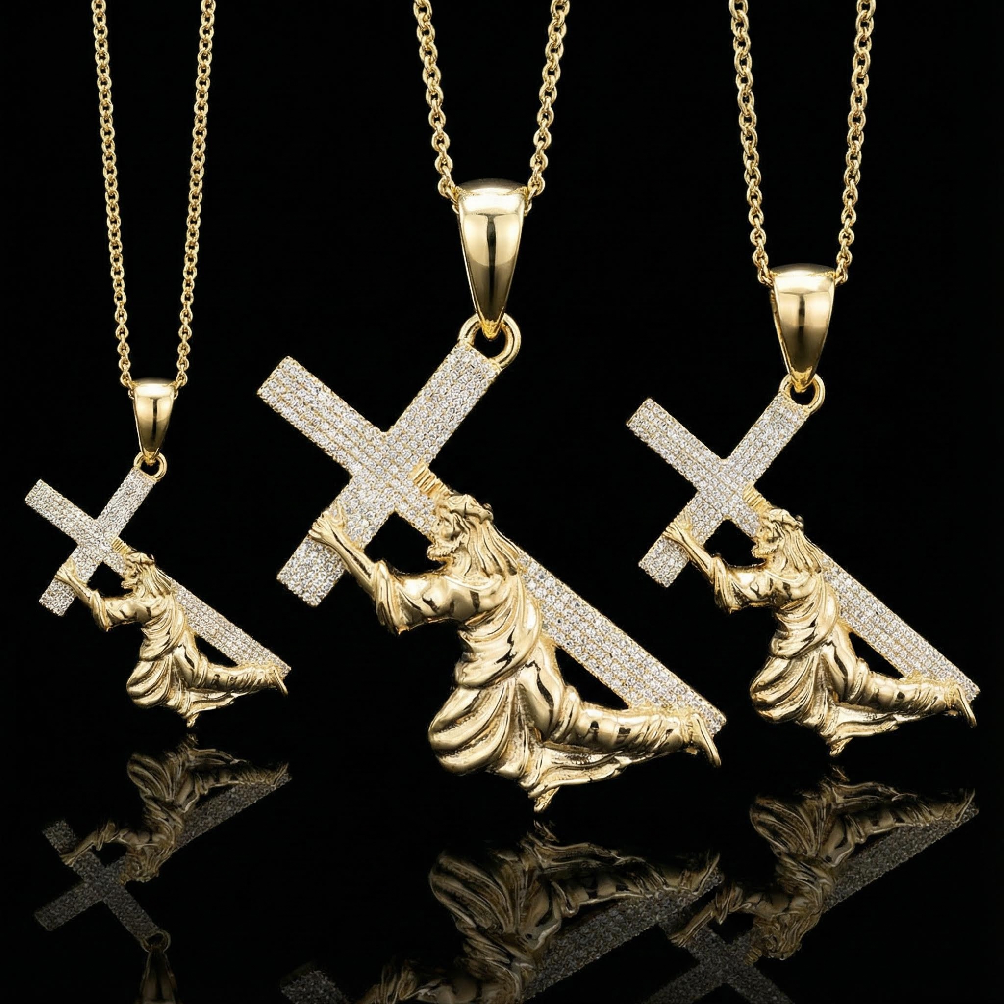 Iced Out Jesus Carrying Cross Surmount Adversity Pendant Gold