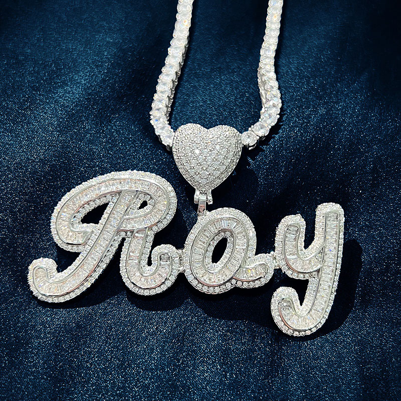 Iced Out Baguette Cut Custom Name Heart Buckle Letters Pendant Gold - Image 3
