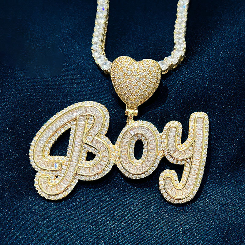 Iced Out Baguette Cut Custom Name Heart Buckle Letters Pendant Gold - Image 4