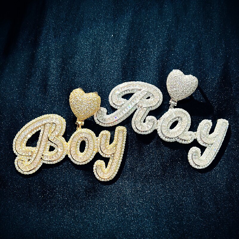 Iced Out Baguette Cut Custom Name Heart Buckle Letters Pendant Gold - Image 5