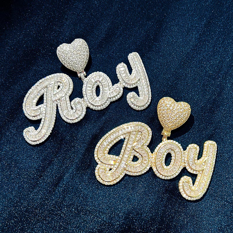 Iced Out Baguette Cut Custom Name Heart Buckle Letters Pendant Gold