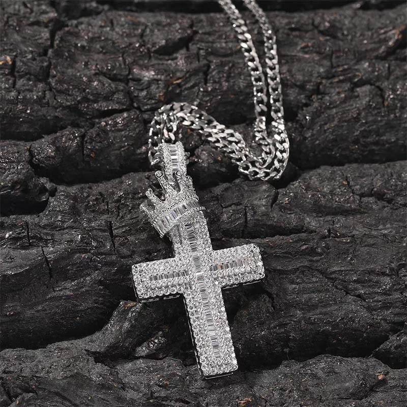 Iced Out Out Baguette Cut Royal Crown Cross Pendant Moissanite - Image 3