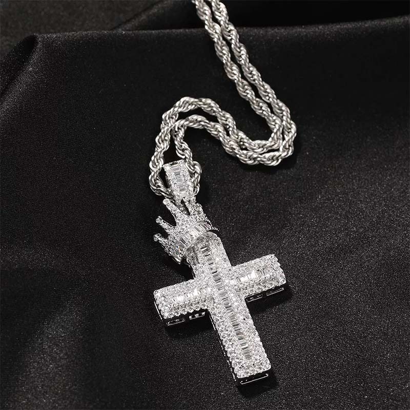 Iced Out Out Baguette Cut Royal Crown Cross Pendant Moissanite - Image 4