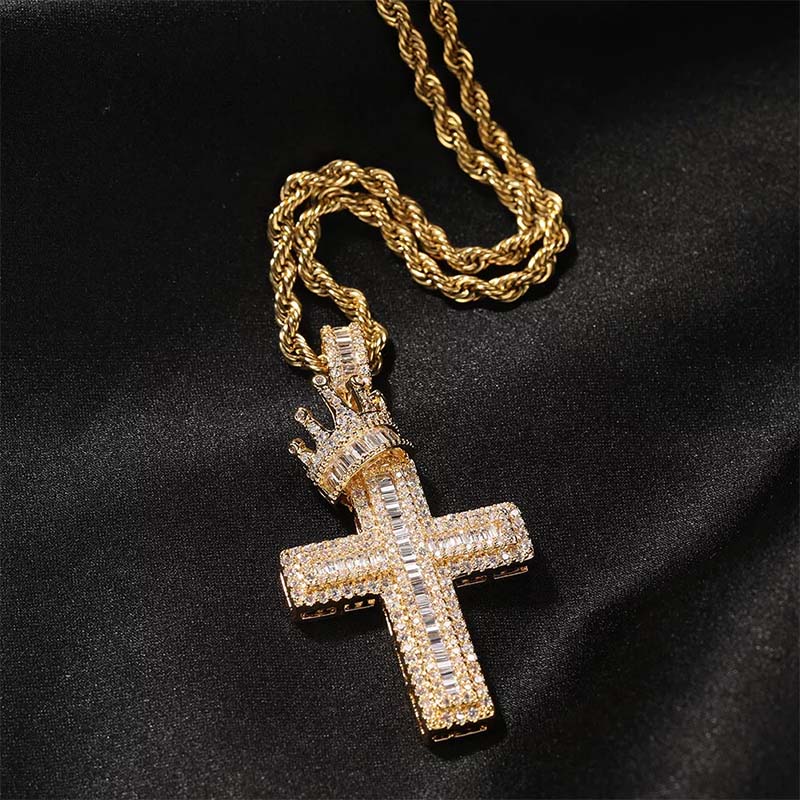 Iced Out Out Baguette Cut Royal Crown Cross Pendant Moissanite - Image 5