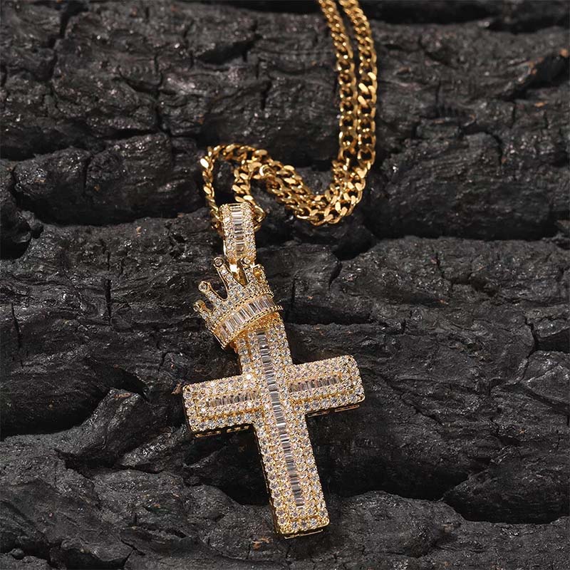 Iced Out Out Baguette Cut Royal Crown Cross Pendant Moissanite