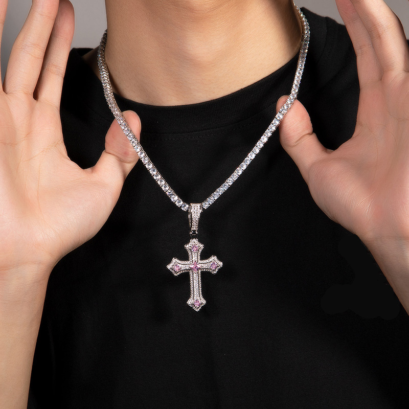 Iced Out Pink/blue/purple Cross Pendant Gold With Street Luxury Shine - Image 3