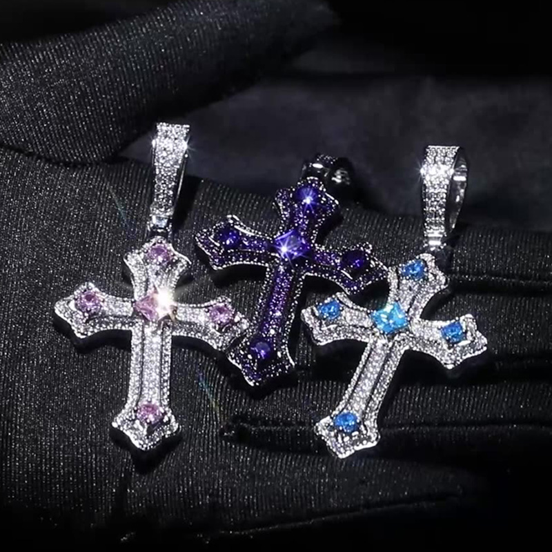 Iced Out Pink/blue/purple Cross Pendant Gold With Street Luxury Shine - Image 4