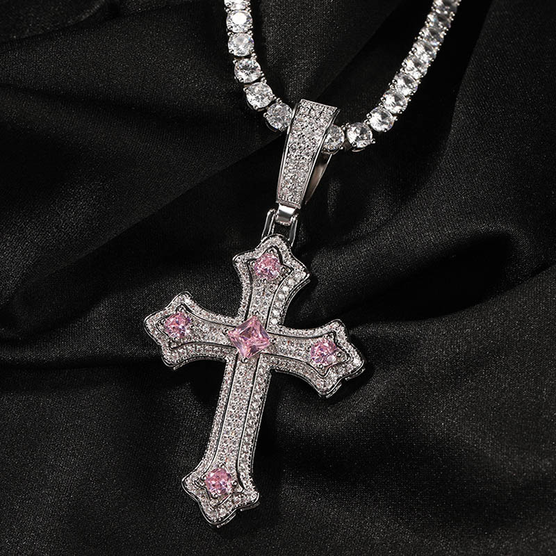 Iced Out Pink/blue/purple Cross Pendant Gold With Street Luxury Shine