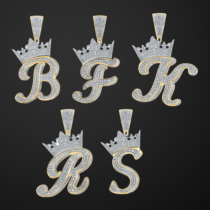 Iced Out A-z Crown Cursive Letter Pendant Gold With Street Luxury Shine