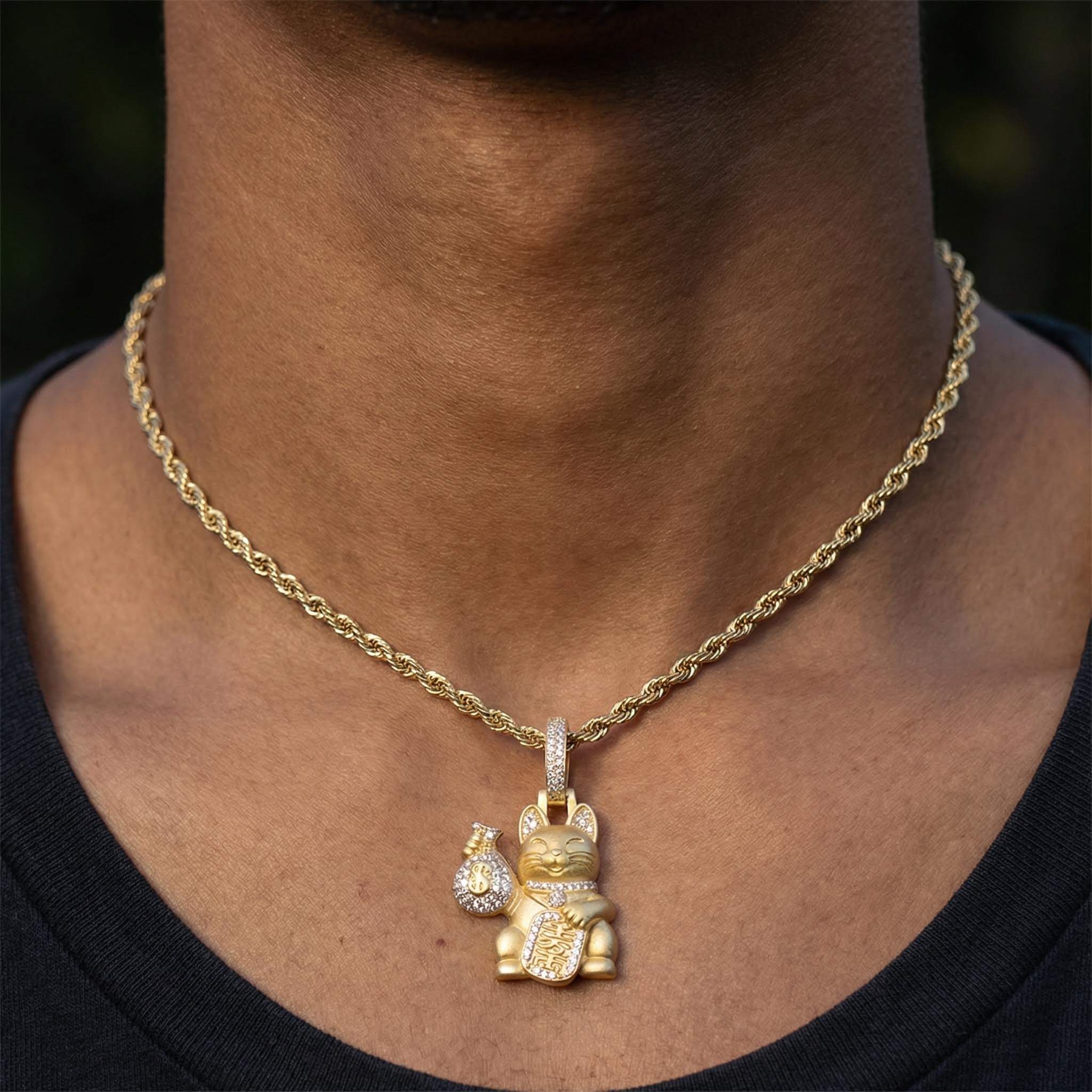 Bold Maneki-neko With A Iced Out Money Bag Pendant In 18k Gold Plated - Image 3