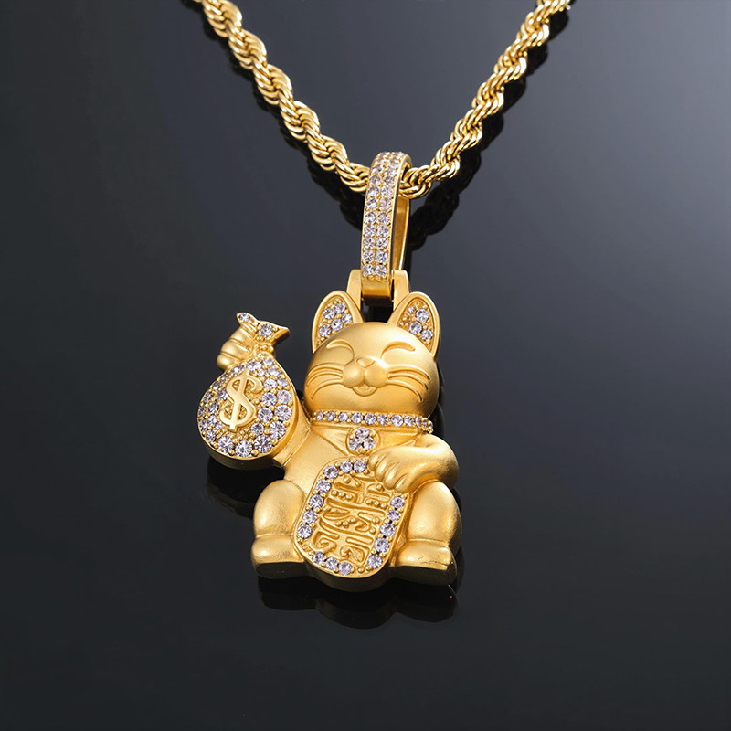 Bold Maneki-neko With A Iced Out Money Bag Pendant In 18k Gold Plated - Image 4