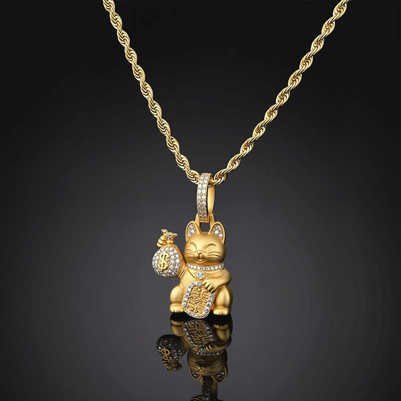 Bold Maneki-neko With A Iced Out Money Bag Pendant In 18k Gold Plated - Image 5