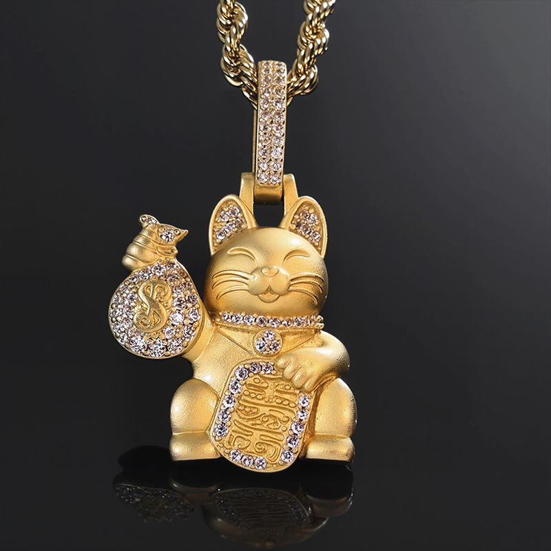 Bold Maneki-neko With A Iced Out Money Bag Pendant In 18k Gold Plated