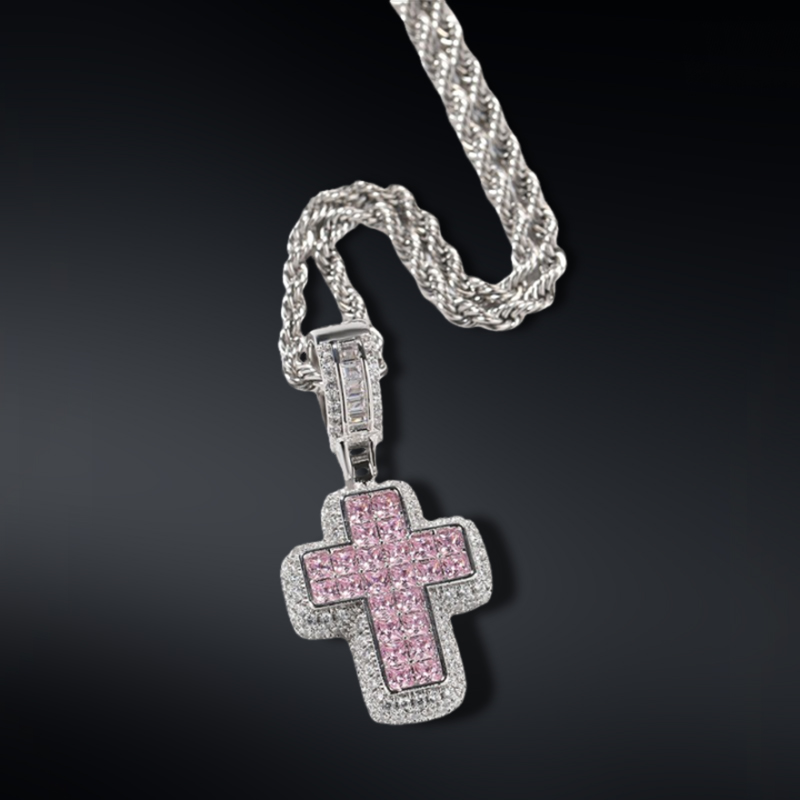 Pink/purple Princess Cut Cross Pendant Gold With Street Luxury Shine - Image 4