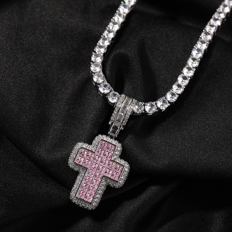 Pink/purple Princess Cut Cross Pendant Gold With Street Luxury Shine