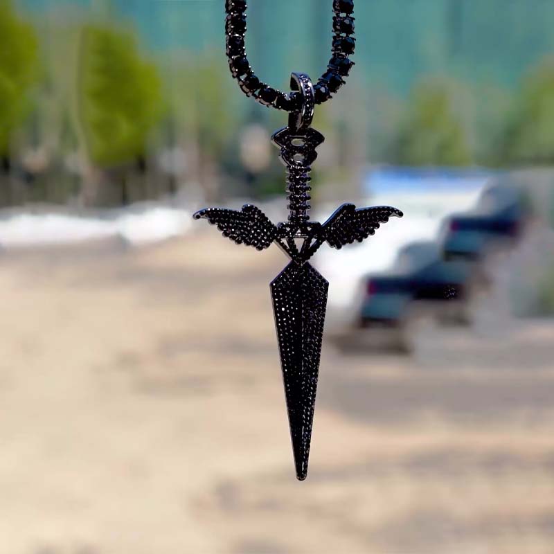 Iced Out Out Black Angel Wings Sword Pendant Gold With Street Luxury Shine - Image 3
