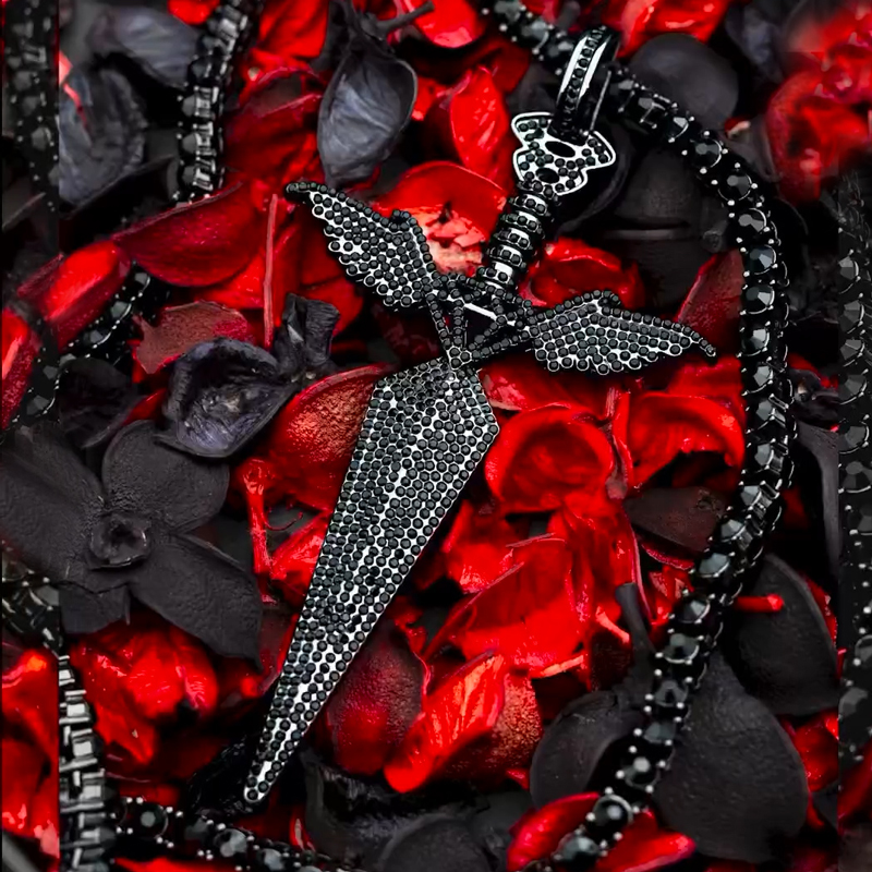 Iced Out Out Black Angel Wings Sword Pendant Gold With Street Luxury Shine