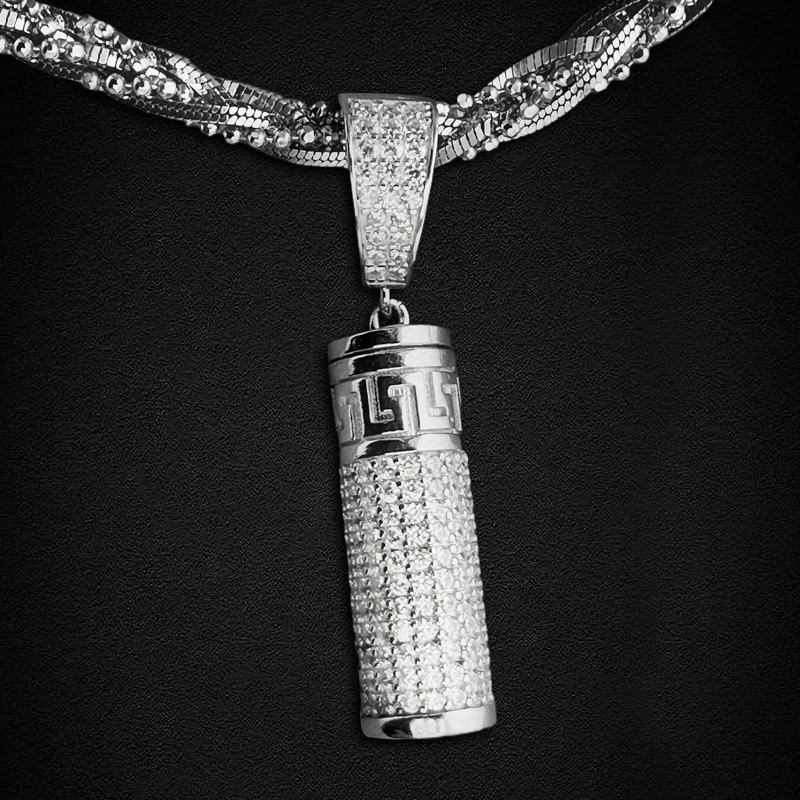 Cylindrical Swastika Carved Urn Pendant In White Gold Moissanite