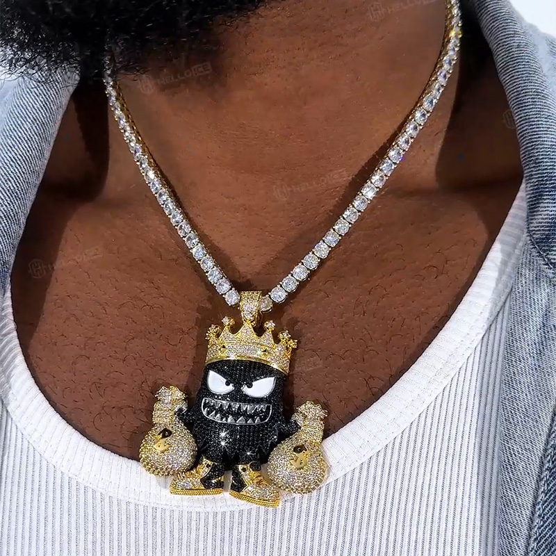 Iced Out Out Crown Little Monster Money Bag Pendant With Bold Premium Edge - Image 3