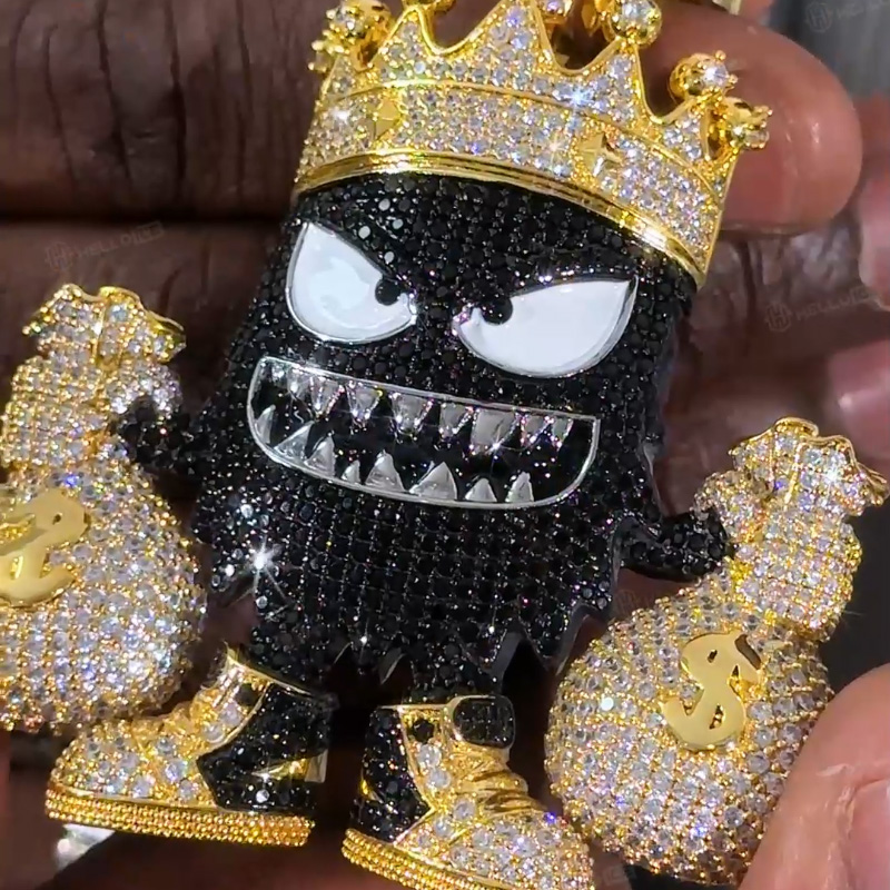 Iced Out Out Crown Little Monster Money Bag Pendant With Bold Premium Edge - Image 4