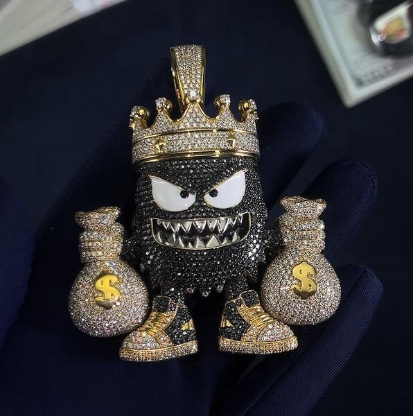 Iced Out Out Crown Little Monster Money Bag Pendant With Bold Premium Edge