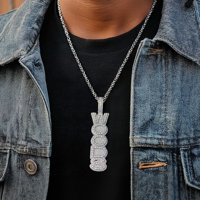 Iced Out Custom Double Layer Vertical Letter Pendant Gold - Image 6
